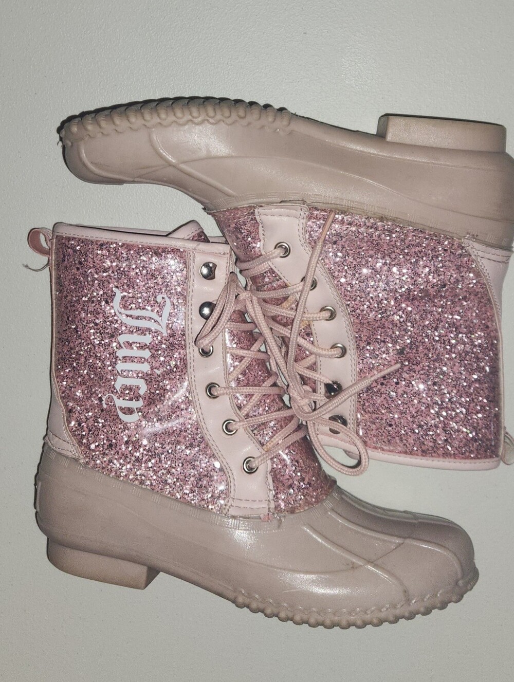 Pink Glitter Juicy Couture Lace-Up Duck Boots for Women Size 8